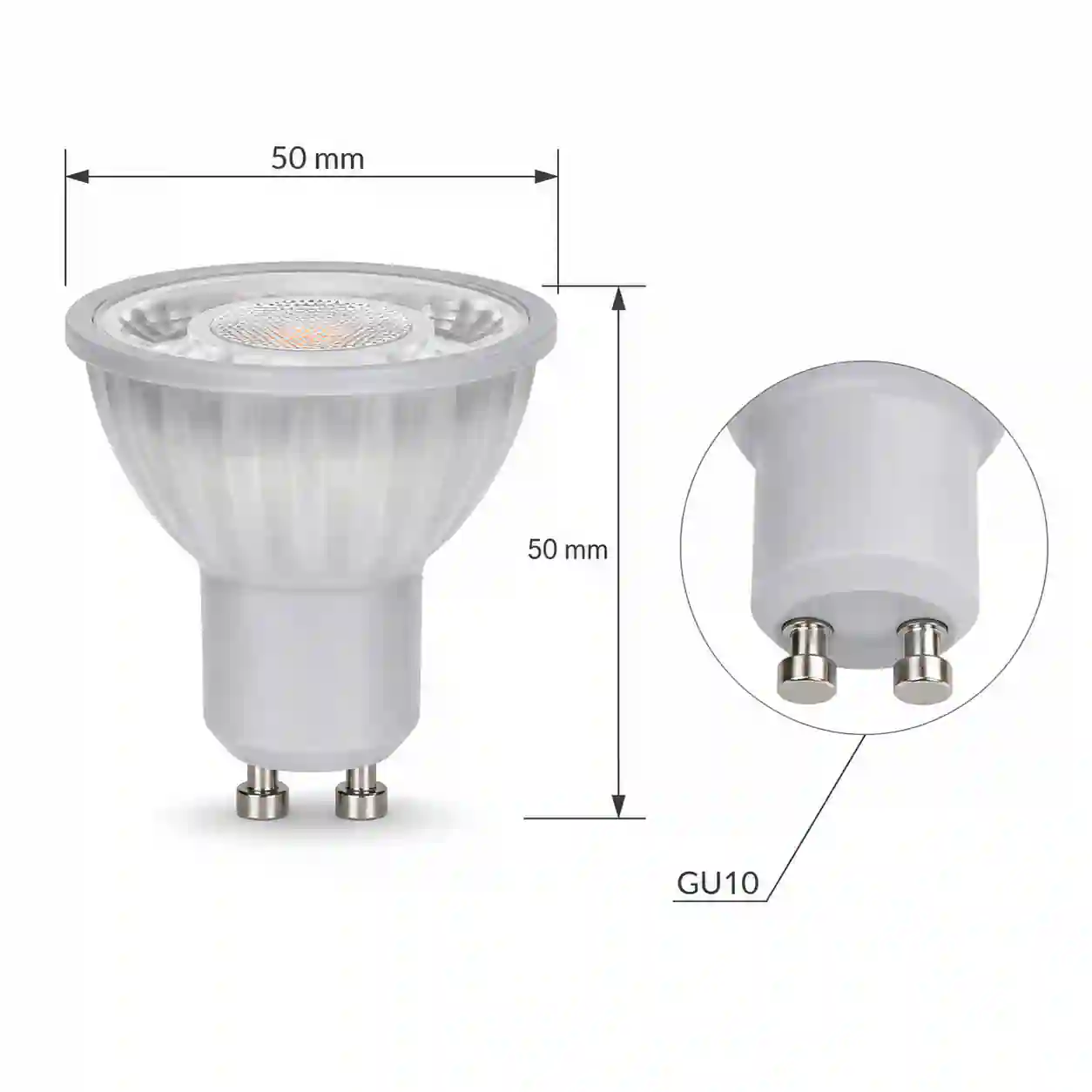 LED žárovka GU10 zezadu s paticí a rozměrovým srovnáním